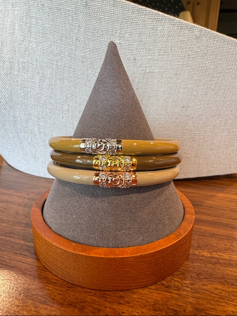 Budhagirl Triple Stack Resin Bangle Bracelet Set In Mustard, Brown & Beige